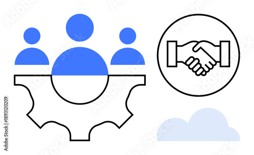 Teamwork concept. Teamwork ed through gear and people icons. A handshake collaboration, and a cloud implies digital connectivity. For business, partnerships, innovation, networking, digital growth