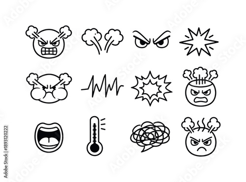 Cartoon Anger Icons. Cartoon anger. Line icon set of Cartoon anger: cartoon face, steam clouds, exaggerated brows, puffed cheeks, rage symbol, comic stress