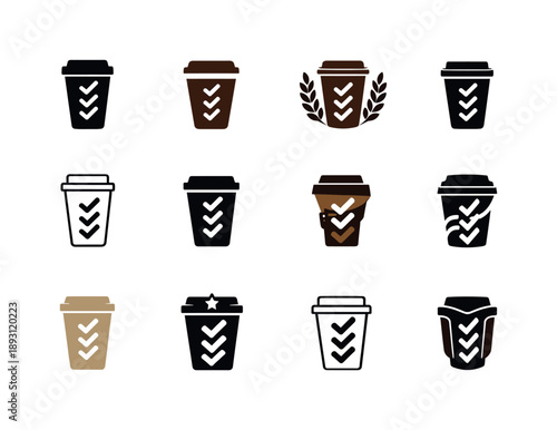 Coffee Loyalty Icons. Coffee loyalty card. Icon set. Set Logo of Coffee loyalty card: takeaway cup with checkmarks. harmonious logo variations of the same