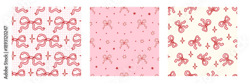 Coquette seamless pattern set with hand drawn bows and sparkles, cute romantic doodle style, red line art on pink backgrounds, girly aesthetic design for fabric, wrapping, stationery and decor
