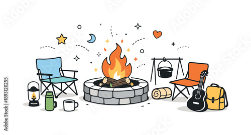 Cozy Firepit Evening. Backyard firepit gathering. A simple firepit surrounded by chairs and camping items, ready for an evening outdoors. Calm anticipation