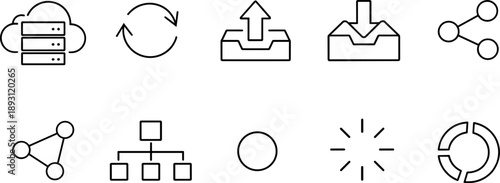 Collection of simple line icons representing data, network, and process management concepts