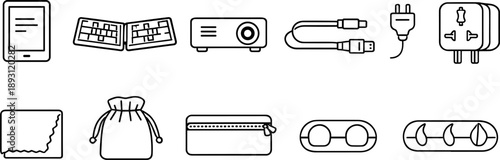 Collection of electronic accessories and gadgets icons in a clean line art style
