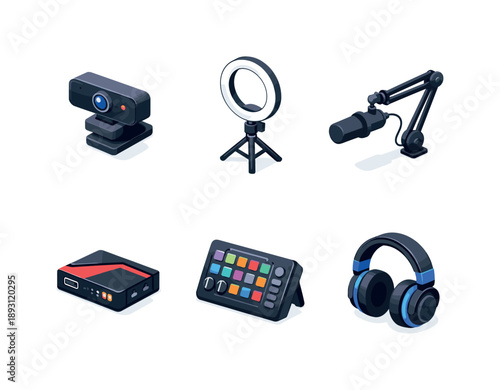 Streaming Setup Icons. Streaming setup. Isometric flat vector icons set of streaming setup: streaming webcam, ring light, boom arm microphone, capture card,