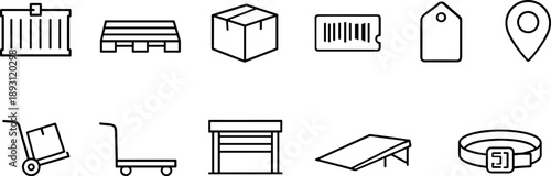 Collection of logistics and delivery icons including shipping container, pallet, box, and barcode