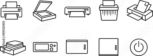 Collection of office equipment icons including printers, scanners, and shredders