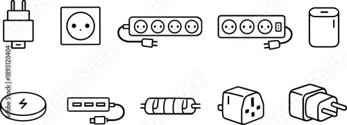 Collection of electrical plugs, sockets, and power adapters for various devices