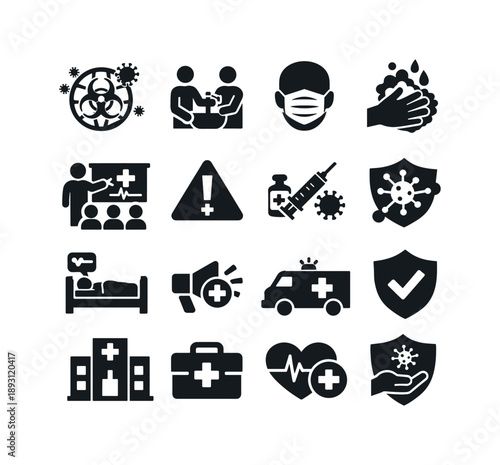 Health Crisis Icons. Crisis education health. Solid icon set of Crisis education health: pandemic awareness, hygiene training, mask protection, hand washing,