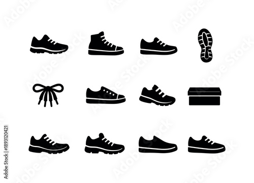 Black Sneakers Icon Set. Sneakers. Solid icon set of Sneakers: running shoe, high-top sneaker, low-top sneaker, sneaker sole, shoelaces, side profile shoe,
