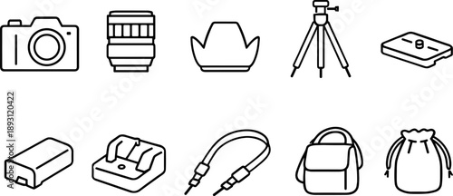 Collection of essential camera accessories and equipment icons in a clean line art style