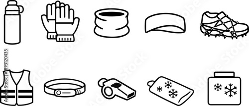 Collection of winter sports and outdoor activity gear icons