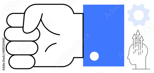 Business empowerment. A clenched fist determination, arrows growth, and a gear for innovation. Business empowerment for leadership, motivation, progress, teamwork, innovation