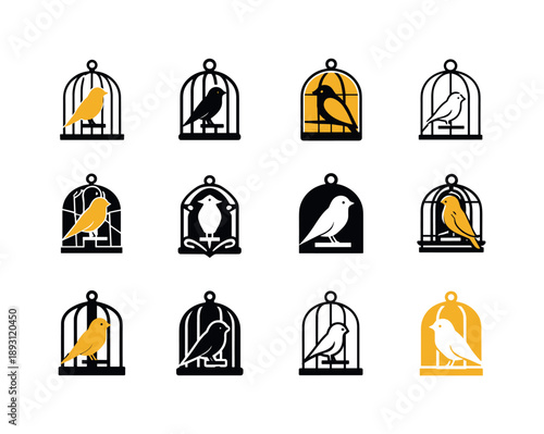 Canary Icon Set. canaries. Icon set. Set Logo of canaries: canary in cage. harmonious logo variations of the same emblematic concept, each with different