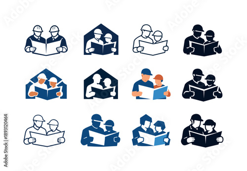 Father-Son Project Logos. A father and son working together on a home improvement project. Icon set. Set Logo of A father and son working together on a home