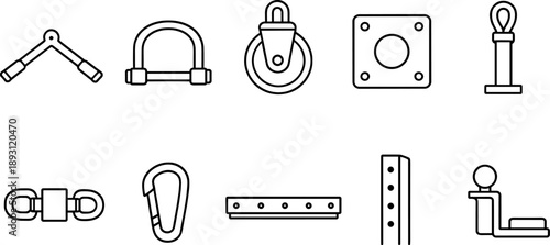 Collection of industrial hardware and rigging components in a clean line art style