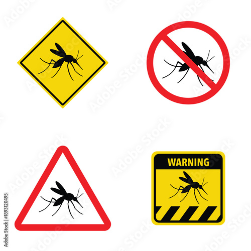 Set of mosquito crossing traffic sign. Vector illustration of yellow triangle warning sign and white cirle warning sign with mosquito icon inside. Wild forest animals likely to be in road ahead.