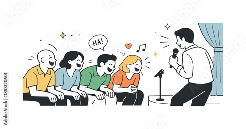 Laughing Audience Delight. Live comedy performance reaction. Audience members leaning forward and laughing, with a simple stage and curtain visible. The