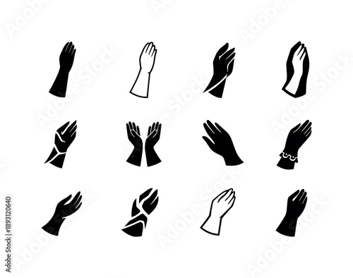 Silk Glove Icons. Silk gloves. Icon set. Set Logo of silk gloves: hand wearing long formal glove. harmonious logo variations of the same emblematic concept,