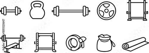 Collection of simple line art icons representing various fitness and gym equipment