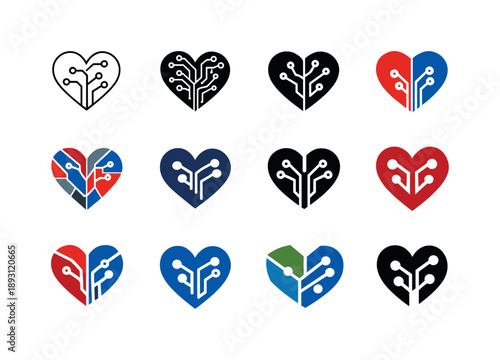 Technological Harmony Logos. Synthetic consciousness and humanity. Icon set. Set Logo of Synthetic consciousness and humanity: heart combined with circuitry.