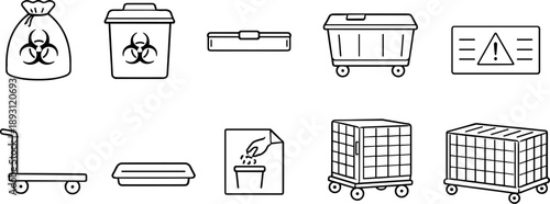 Collection of icons representing waste management and hazardous material handling equipment