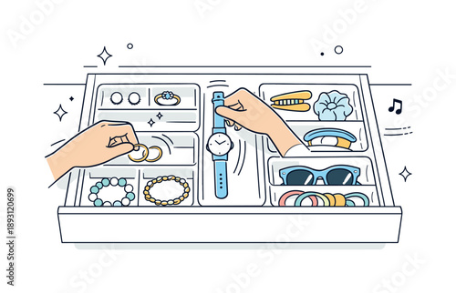 Organized Accessory Storage. Using drawer organizers. Hands placing accessories into clean modular dividers, smooth sorting process and visual clarity, gentle
