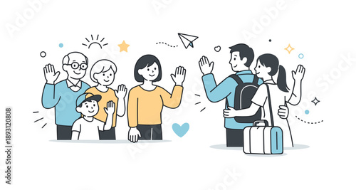 Family Farewell Wave. Visiting relatives farewell. Family members waving goodbye after the visit, gentle smiles and sense of lasting connection with abstract
