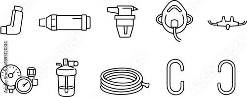Collection of medical respiratory equipment icons for breathing assistance and therapy