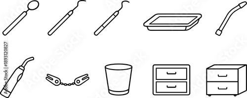 Collection of dental hygiene and clinic equipment icons in a simple line art style