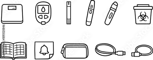 Collection of medical icons for diabetes management and health monitoring tools