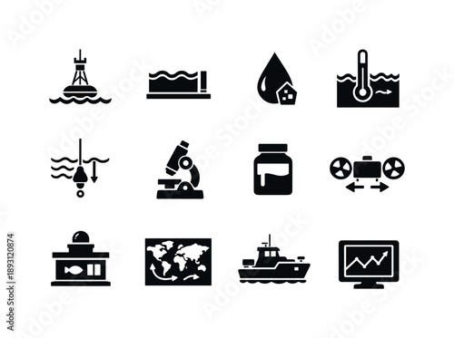 Ocean Science Icons. Ocean science. Solid icon set of ocean science: ocean sensor buoy, wave meter, salinity drop icon, temperature probe, depth line, marine