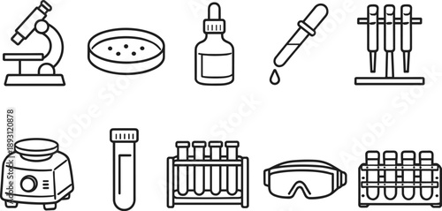 Collection of scientific laboratory equipment icons for research and analysis