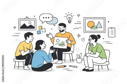 Creative Community Dialogue. Art bringing people together. A small group discussing artworks or ideas in a community space, emphasizing dialogue and