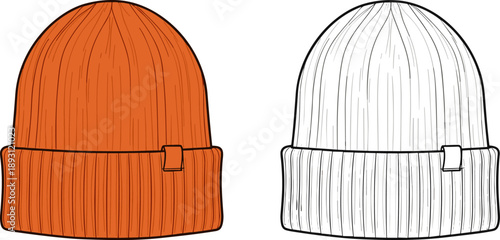 Knitted Beanie Hat Flat Vector Illustration, Winter Ribbed Skull Cap Fashion Technical Sketch