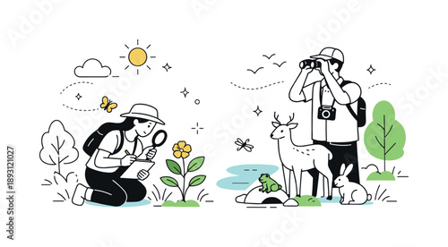 Scientific Nature Exploration. Studying habitats. Researchers documenting plant life and animal interactions in a forest or grassland environment. Calm