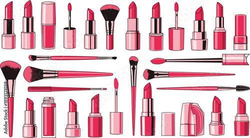 Makeup and Cosmetic Products Set with Lipsticks and Brushes, Flat Vector Illustration Isolated