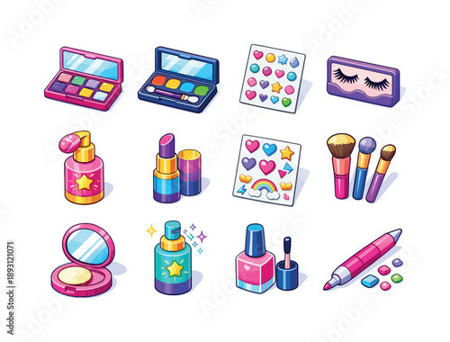 Party Makeup Icons. Party makeup & props. Colorful isometric vector icons set of party makeup & props: glitter palette, face paint kit, adhesive gems, false