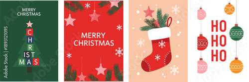 Merry Christmas Greeting Card Set with Stocking, Ornaments, and Tree, Flat Vector Illustration
