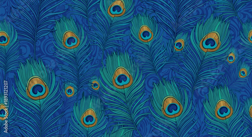 Peacock Feather Seamless Pattern with Vibrant Iridescent Eye Ornaments, Flat Vector Style Illustration