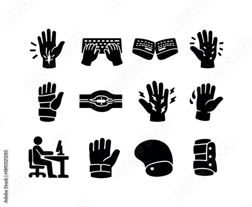 Carpal Tunnel Icon Set. Carpal Tunnel. Solid icon set of Carpal Tunnel: wrist pain, typing strain, ergonomic keyboard, hand numbness, wrist support, tunnel