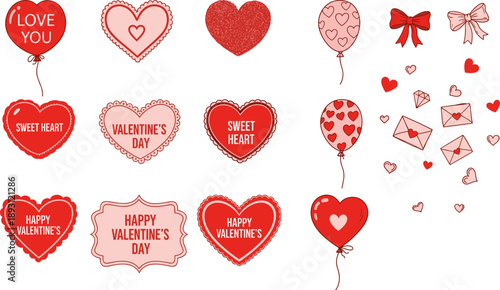 Valentine's Day Vector Element Set, Cute Heart Balloons and Romantic Love Letter Illustrations, Flat Style