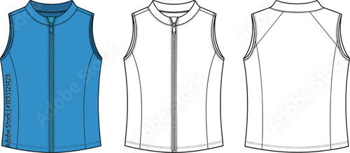 Women's Sleeveless Zip-up Vest Flat Vector Illustration, Sports Gilet Fashion Technical Sketch