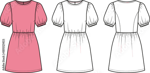 Women's Puff Sleeve Mini Dress Flat Vector Illustration, Fashion Technical Sketch Front and Back View