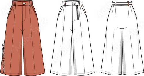 Women's Wide Leg Culottes Flat Vector Illustration, High Waisted Crop Pants Technical Sketch
