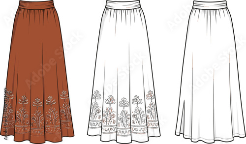 Bohemian Tiered Maxi Skirt Flat Vector Illustration, Women's Long Skirt Fashion Technical Sketch