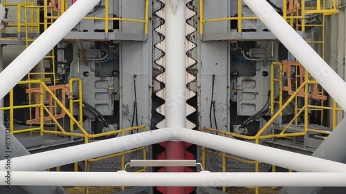 Jack up rig legs, fixation system and jacking motor on a jack up rig.
