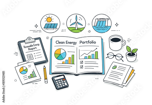 Sustainable Investment Planning. Clean energy portfolio. Desk scene with documents, charts, and icons representing solar, wind, and hydro power. Calm editorial