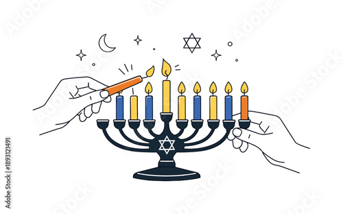 Hanukkah Candle Lighting. Hanukkah candle lighting ritual. A simple editorial scene of hands lighting a menorah with glowing candles aligned in a row. Quiet