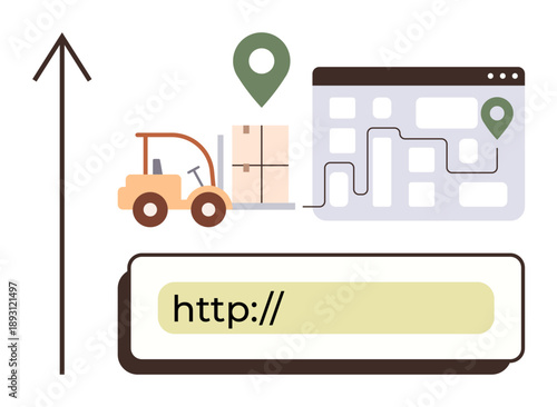 E-commerce, package delivery, logistics planning, location tracking, digital tools, supply chain management. Forklift with a package, map location pin and navigation. E-commerce and logistics