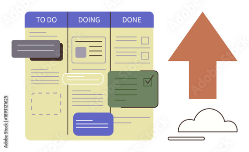 Project management, teamwork, productivity, growth, task organization, workflow planning. Kanban board with categorized tasks and an upward growth arrow. Project management and teamwork concept